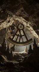 Intricate wooden instrument inside a cave with stalactites and sunlight