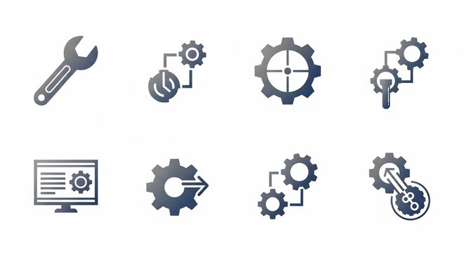 A collection of eight grey icons representing various tools, settings, and mechanical processes, including wrenches and gears.