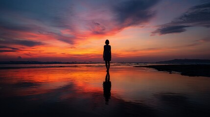 Fototapeta premium Woman walking alone on wet beach at sunset, dramatic colorful sky, for serenity