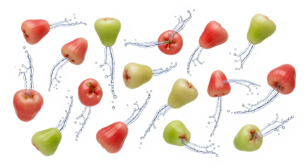 Fresh Rose Apples with Water Splashes, a Collection of Vibrant Red and Green Fruits Juxtaposed Against a Clean White Background, Showcasing Natural Beauty and Refreshment