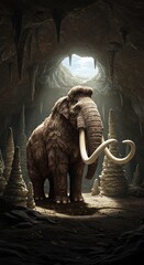 Mammoth in a cave with dramatic lighting ancient animal illustration