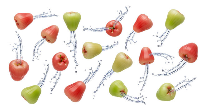 Fresh Rose Apples with Water Splashes, a Collection of Vibrant Red and Green Fruits Juxtaposed Against a Clean White Background, Showcasing Natural Beauty and Refreshment