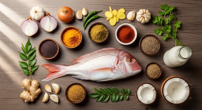 Fresh snapper and aromatic spices ready for an authentic culinary experience, a vibrant dish celebrating global flavors and healthy eating at home