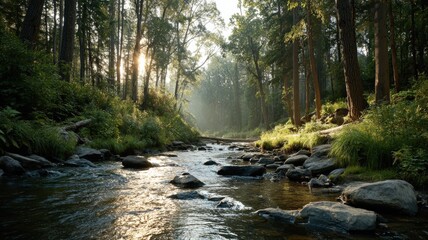 Obraz premium A low-angle view of a forest stream with sunlight dancing on the water and lush foliage on the banks