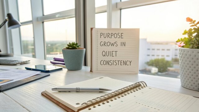 Inspirational workspace with motivational quote on purpose grows in quiet consistency next to plants and stationery at sunset