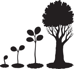 Plant growth cycle illustration: seedling, sprout, sapling, tree.