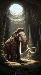Mammoth in a cavern with light shining down a prehistoric landscape