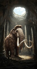Mammoth in cave with overhead light ancient environment concept