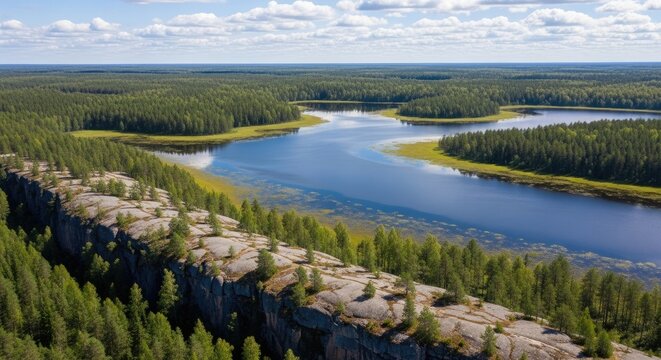 Aerial view of a river winding through a lush forest landscape.