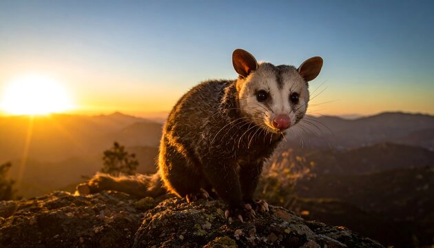 Opossum on a Mountain Peak at Sunset - A Wildlife Portrait.
