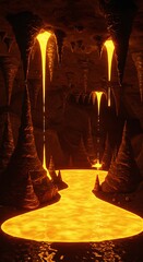 Molten lava river flowing through dark cave with glowing rock formations