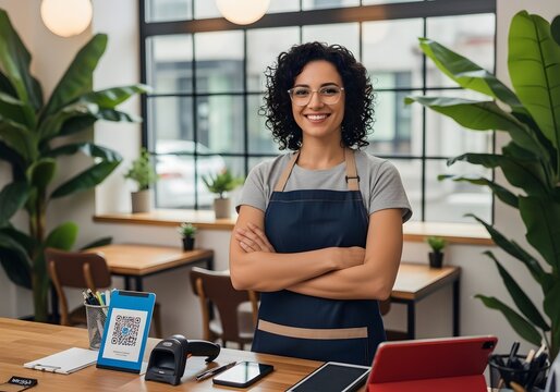 Smiling Female Cafe Owner with Folded Arms at Counter Small Business and Digital Payment