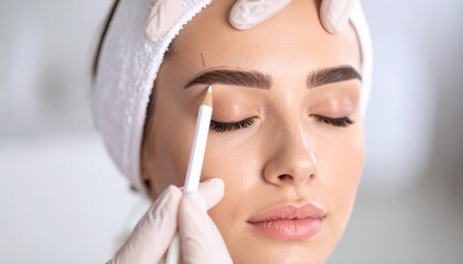 Professional mapping woman's eyebrows with white pencil for microblading or permanent makeup in a beauty salon.