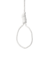 Hanging rope with loop on white background. Suicide concept