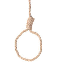 Hanging rope with loop on white background. Suicide concept