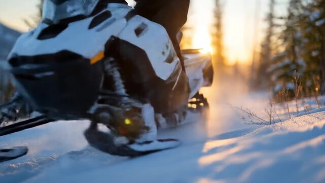 Person riding snowmobile through snowy forest at golden hour