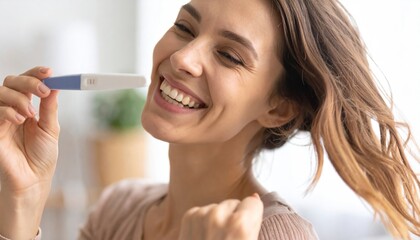 Happy woman holding positive pregnancy test, smiling broadly with closed eyes in joy and excitement for motherhood.