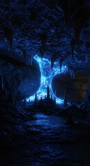 Mysterious blue cave with glowing formation and dramatic lighting