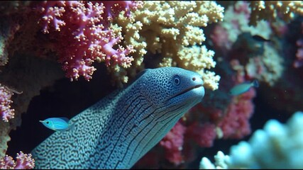 Graceful moray eel swimming among vibrant coral reefs, a mesmerizing underwater dance with blue fish, perfect for nature and wildlife projects