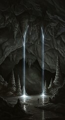 Mysterious cave entrance with illuminated columns of light and dark interior