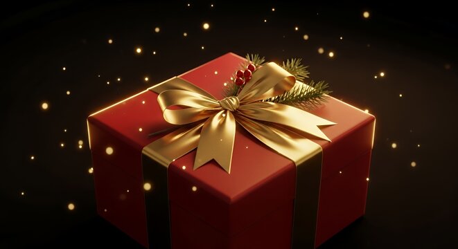 Luxurious Red Christmas Gift with Gold Bow and Sparkling Lights - Powered by Adobe