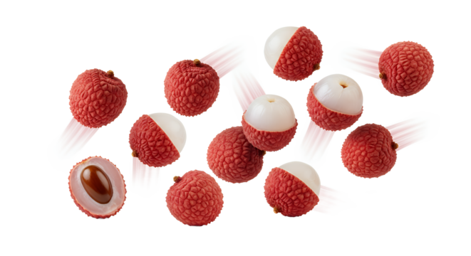A vibrant assortment of fresh red lychee fruits captured in motion, featuring whole, peeled, and halved specimens isolated on a clean white background