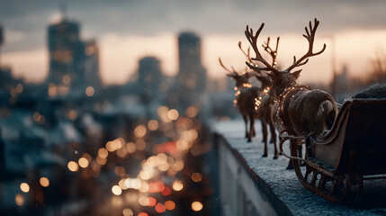 Christmas rooftop decor, glowing reindeer sleigh, festive city lights

