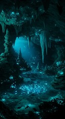 Mysterious cave interior illuminated by glowing light and stalactites