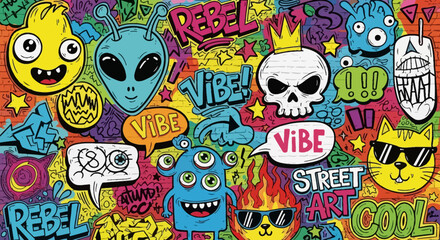 Fototapeta premium Vibrant graffiti art featuring cartoon monsters and urban vibes on a brick wall