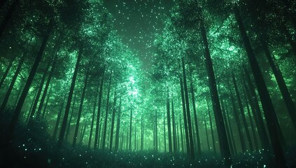 Obraz premium A magical forest with glowing green trees and twinkling lights, creating an enchanting background for product presentation animation.