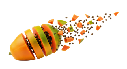 A vibrant ripe tropical papaya fruit cut into slices with seeds and juicy pieces bursting out, isolated on a clean white background