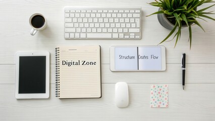 Modern Workspace Setup with Digital Devices, Notebook, Coffee, and Green Plant on White Desk Surface for Office Environment