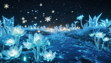A magical night scene with glowing snowflakes falling on an icy field, surrounded by crystal-clear ice plants and twinkling stars in the sky.