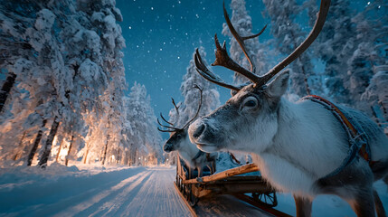 illuminated sleigh reindeer, starry Christmas night, festive outdoor decor
