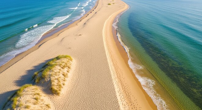 Aerial view of a sandbar separating two bodies of water.