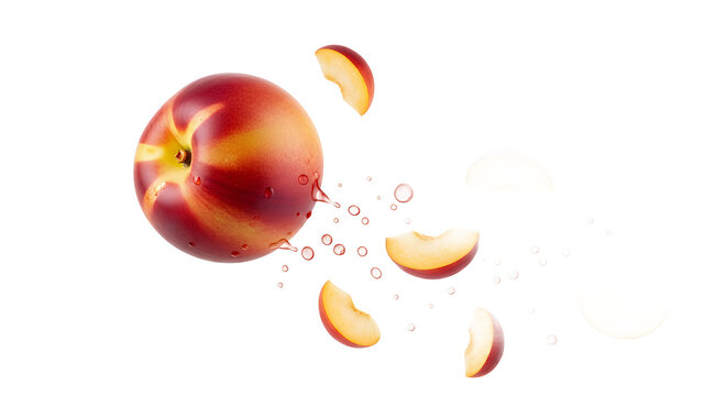 A vibrant whole nectarine and flying slices captured in a dynamic splash of fresh juice, isolated on a clean white background