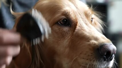 Golden retriever getting groomed with a brush, the gentle care shows love and bonding, ideal for pet care promotions and heartwarming family content
