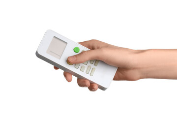Female hand with air conditioner remote control isolated on white background
