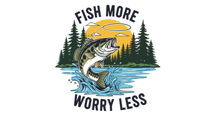 Vintage fishing design featuring jumping fish with forest background and motivation phrase