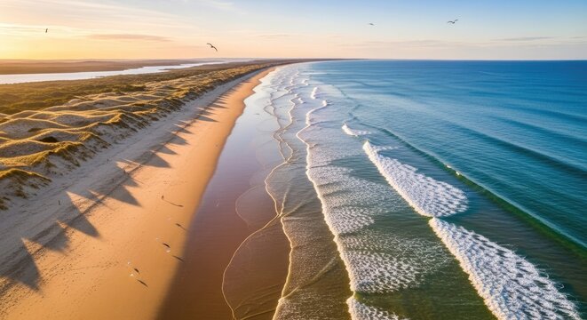 Aerial view of a serene beach with golden sand and turquoise water.
