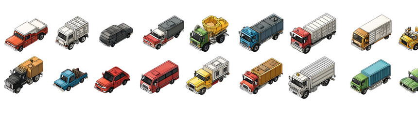 Isometric Pixel Art Style Various Delivery Trucks Isolated on Transparent Background Depicting Transportation and Logistics in Red White Yellow and Blue Color Scheme, PNG