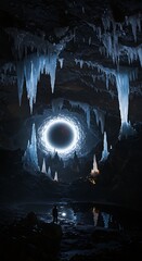 Mysterious cave interior with glowing orb and ice formations