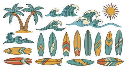 Fototapeta premium Vibrant Summer Beach Vibes Illustration with Surfboards Palms and Retro Style Waves