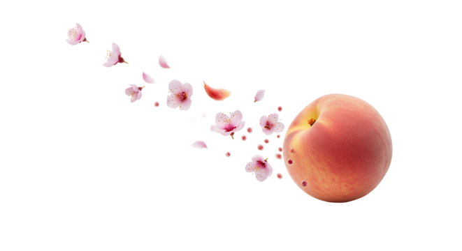 A fresh ripe peach with delicate pink blossom petals exploding from its side against a clean white background, symbolizing natural flavor