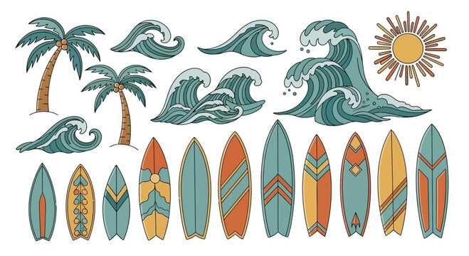Vibrant summer surf vibes: Vector set with palm trees, waves and surfboards illustration