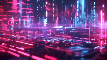 Abstract futuristic cityscape with glowing neon lights and geometric shapes in a digital environment
