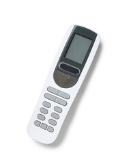 Modern air conditioner remote control isolated on white background, top view