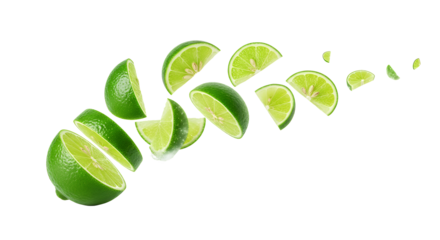 Vibrant green lime slices dynamically falling and splashing against a clean white background, highlighting their fresh zest and refreshing citrus essence, perfect for health and drink themes