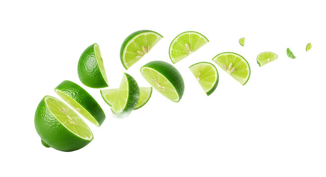 Vibrant green lime slices dynamically falling and splashing against a clean white background, highlighting their fresh zest and refreshing citrus essence, perfect for health and drink themes