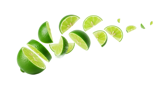 Vibrant green lime slices dynamically falling and splashing against a clean white background, highlighting their fresh zest and refreshing citrus essence, perfect for health and drink themes